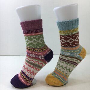 Womens Crew Socks Set 2 Fair Isle Nordic Pattern Pink Blue Yellow